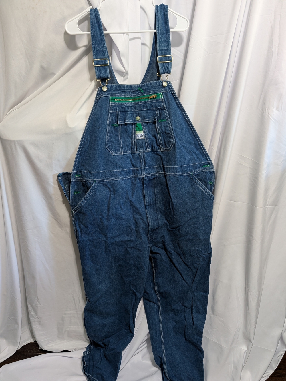 liberty Men's Dark Blue Denim Relaxed Overalls with Green Accents